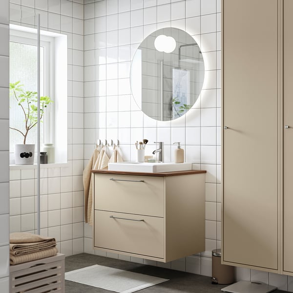 HAVBÄCK / ORRSJÖN Vanity with drawers, beige/brown walnut effect, 31x21 1/2x28 3/8 "