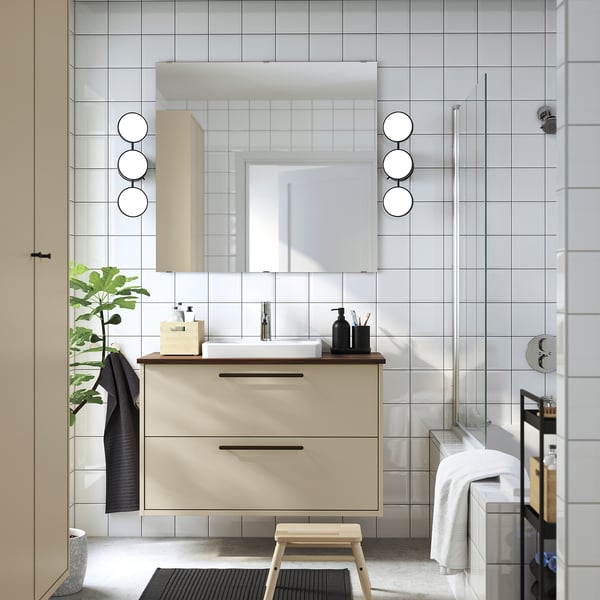 HAVBÄCK / ORRSJÖN Vanity with drawers, beige/brown walnut effect, 37x21 1/2x28 3/8 "