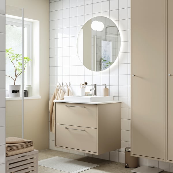 HAVBÄCK / ORRSJÖN Vanity with drawers, beige/white marble effect, 31x21 1/2x28 3/8 "