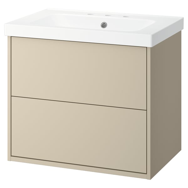 The HAVBÄCK vanity in beige. It two spacious drawers and a ceramic sink on top. The design is clean and straightforward.