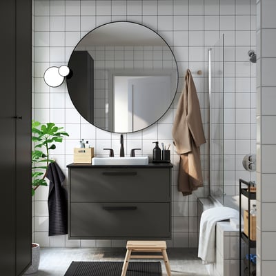 HAVBÄCK / ORRSJÖN Vanity with drawers, dark gray/black marble effect, 37x21 1/2x28 3/8 "