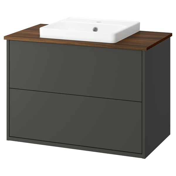 HAVBÄCK modern bathroom cabinet, dark grey with wooden top, white ceramic sink, two drawers.