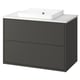 Havbekk vanity: charcoal grey cabinet, white marble top, rectangular sink.