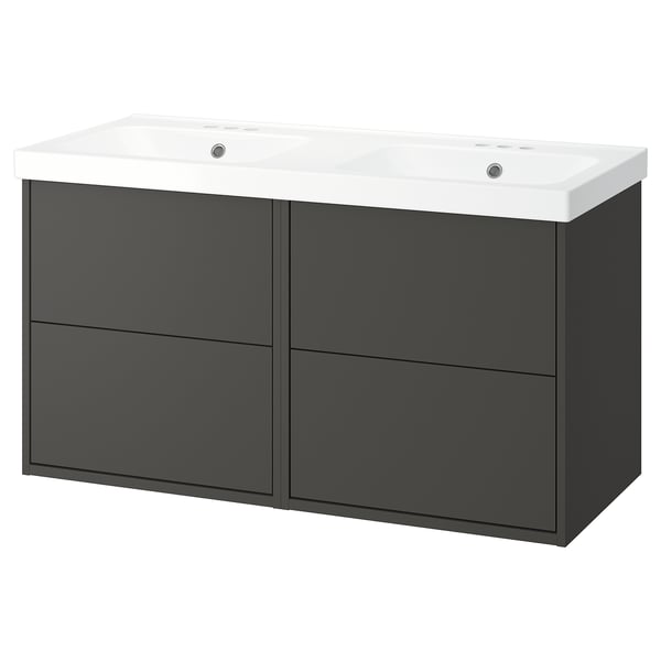 Modern grey double sink bathroom vanity with sleek design and ceramic countertop. Two faucets included, wall-mount style.