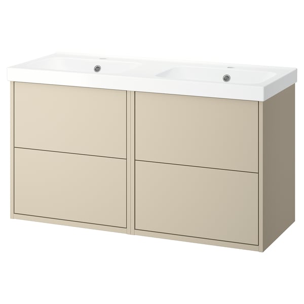 A sleek beige bathroom vanity with double sinks, modern design, and soft edges.