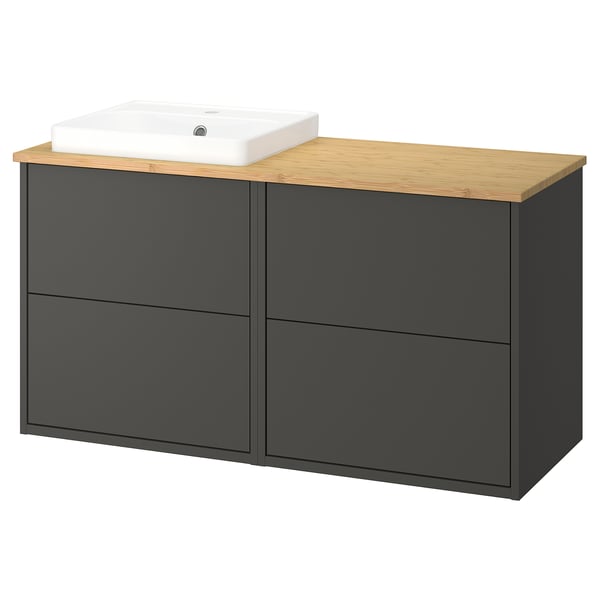 Elegant bathroom cabinet set: HAVBÄCK. Dark grey drawers, bamboo counter. White basin, sleek design. Modern storage solution.