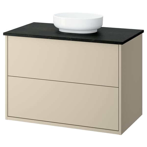 HAVBÄCK beige bathroom vanity, black countertop, round sink, wall-mount design.