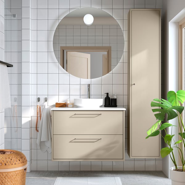 HAVBÄCK / VINDELÄLVEN Vanity with drawers, beige/white marble effect, 37x21 1/2x30 5/8 "