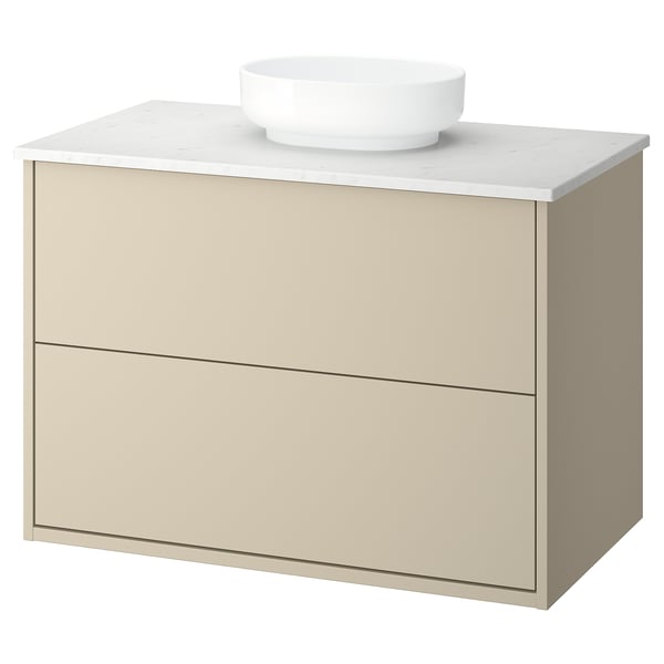 HAVBÄCK vanity: cream drawers, marble counter, round bowl, modern, wall-mount.