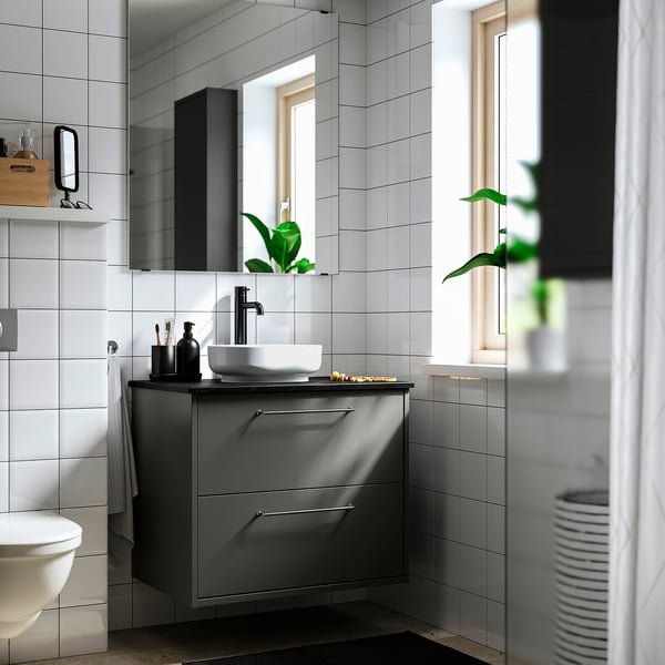 HAVBÄCK / VINDELÄLVEN Vanity with drawers, dark gray/black marble effect, 31x21 1/2x30 5/8 "