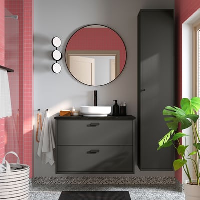 HAVBÄCK / VINDELÄLVEN Vanity with drawers, dark gray/black marble effect, 37x21 1/2x30 5/8 "