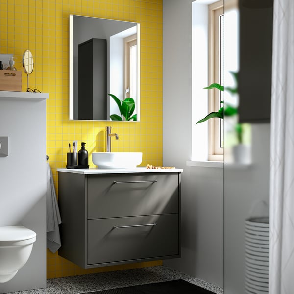 HAVBÄCK / VINDELÄLVEN Vanity with drawers, dark gray/white marble effect, 31x21 1/2x30 5/8 "