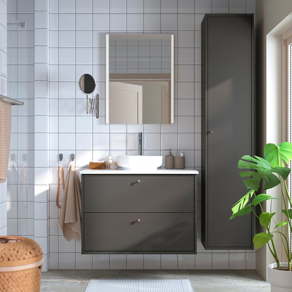 HAVBÄCK / VINDELÄLVEN Vanity with drawers, dark gray/white marble effect, 37x21 1/2x30 5/8 "