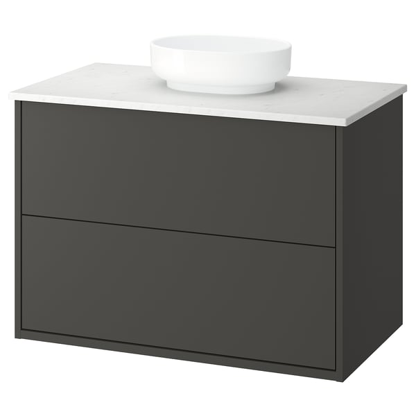 Modern grey bathroom vanity with marble counter and round white basin.