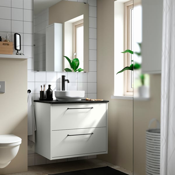 HAVBÄCK / VINDELÄLVEN Vanity with drawers, white/black marble effect, 31x21 1/2x30 5/8 "