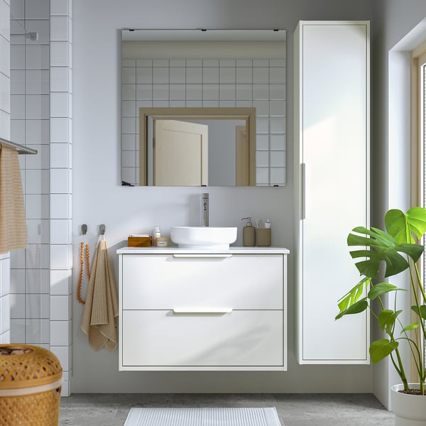 HAVBÄCK / VINDELÄLVEN Vanity with drawers, white/white marble effect, 37x21 1/2x30 5/8 "