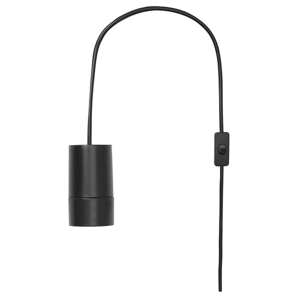 Black hanging lamp with switch, sleek design, made of plastic.