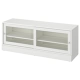 HAVSTA white tv stand, pine wood, sliding glass doors, rectangular shape, rustic design.