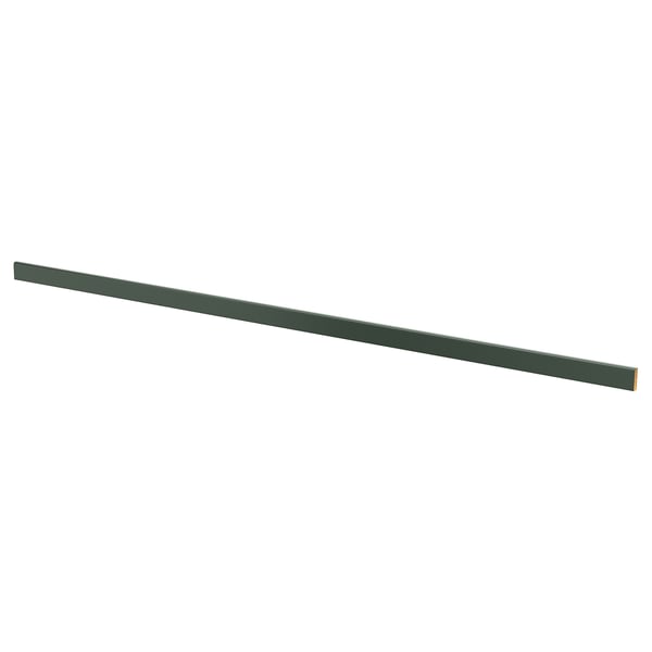 Green kitchen cabinet hides lighting and cords.