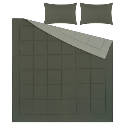 HEDFRYLE bedding set: green-grey, recycled polyester, soft, quilted, includes comforter & 2 pillows.