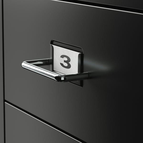 Black metal drawer with silver handle and number 3 label, smoothly attached, showcasing sleek design and robust construction.