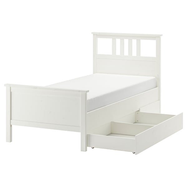 White HEMNES bed with storage. Classic style, wooden frame, 4 drawers, clean lines.