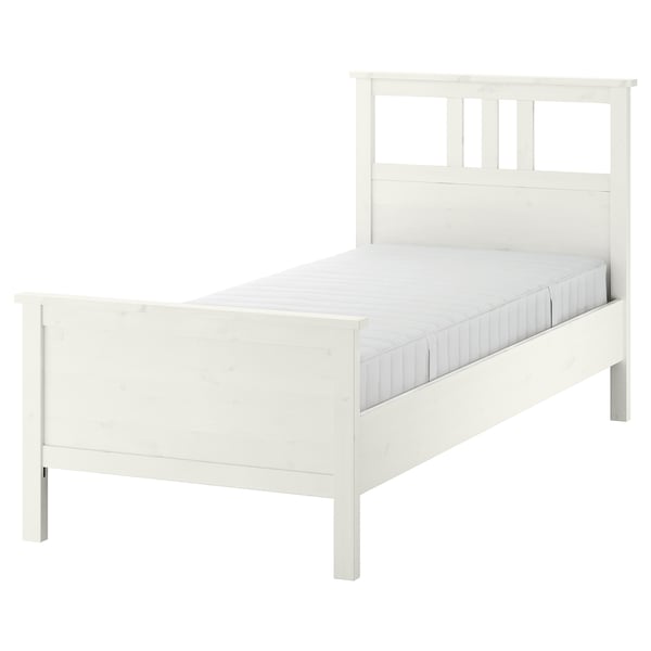 HEMNES white bed, solid pine, high headboard, slatted base, hybrid mattress.
