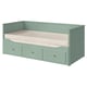 HEMNES day-bed, grey-green, wooden, rectangular, high frame, 3 drawers, cushioned seating.