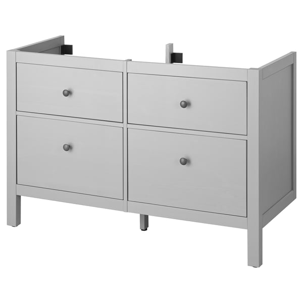 Grey HEMNES bathroom vanity with 4 drawers & square knobs.