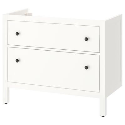 White HEMNES bathroom cabinet, 3 drawers, sleek modern design, smooth finish.