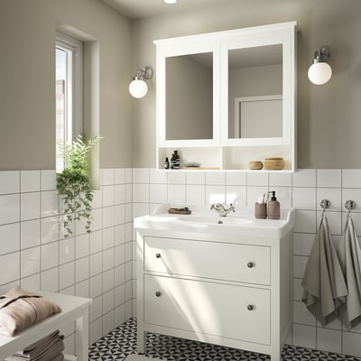 HEMNES white vanity with mirror, soft-close drawers, large cabinet.