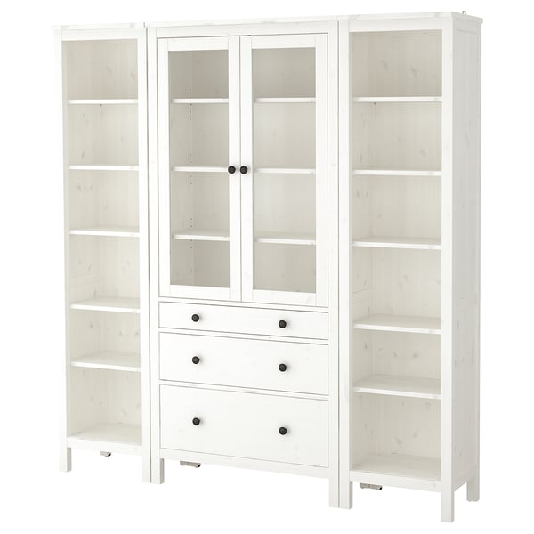 White HEMNES bookcase combo; solid pine, glass doors, adjustable shelves.