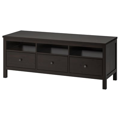 Ikea HEMNES tv bench, black-brown, rectangular, pine wood, 2 large drawers, open & closed storage.