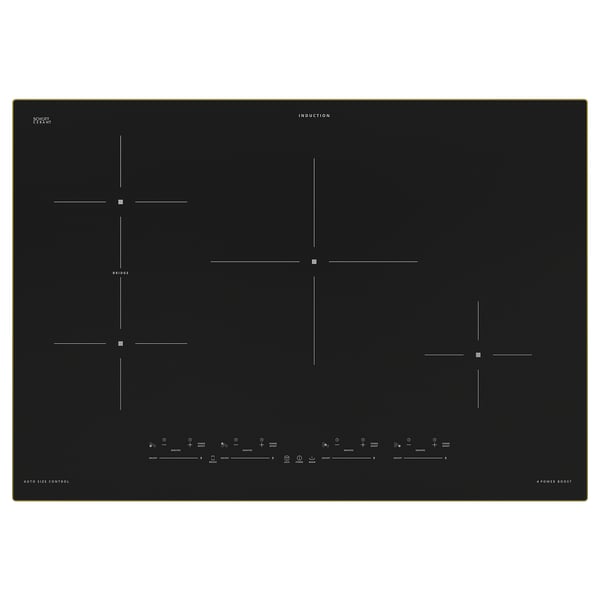 An electric induction hob named HIDINGSTA in black colour. It has a sleek, rectangular design with four cooking zones and touch-and-slide controls.
