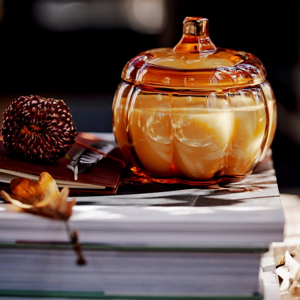HÖSTAGILLE Scented candle in glass, 2 wicks, Spiced pumpkin/brown, 40 hr