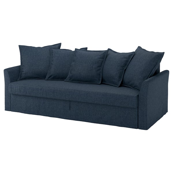 A HOLMSUND blue sofa with 4 matching cushions, sleek design, textured fabric.