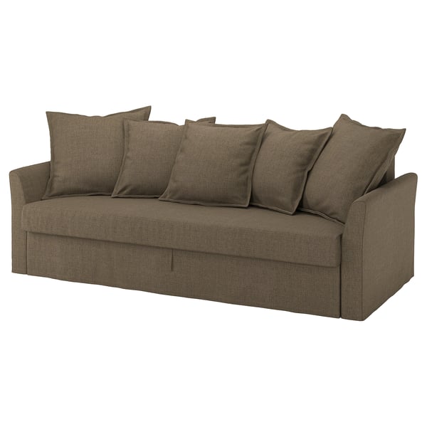 HOLMSUND sofa in brown fabric, neat square cushions, clean modern design.