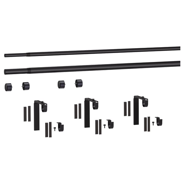 Black HUGAD curtain rod kit with parts, featuring 2 rods and 3 brackets for wall or ceiling mounting, 3 holders, and 4 finials.