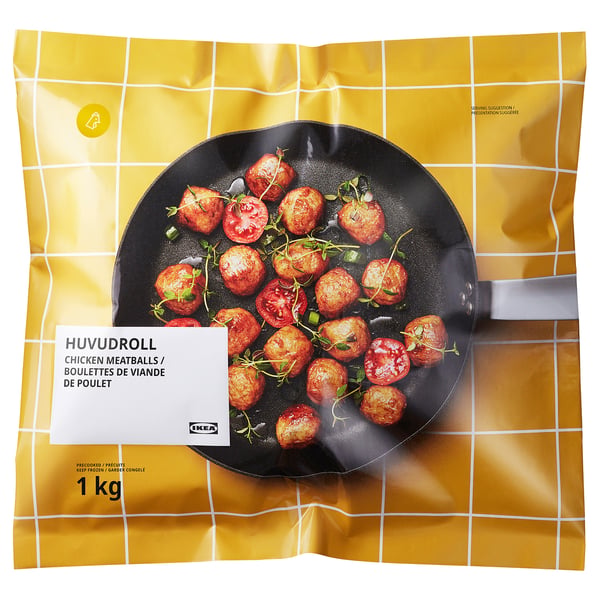 Golden IKEA HUVUDROLL chicken meatball bag with skillet and herbs.