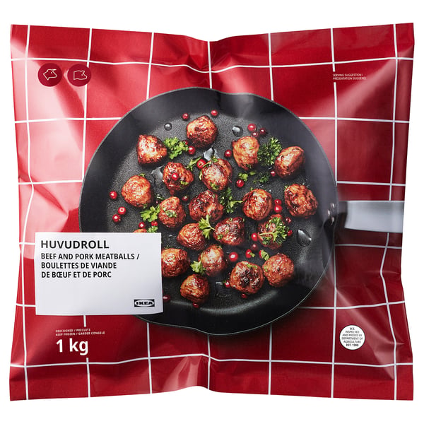 IKEA HUVUDROLL meatballs package, red with visible cooked meatballs.