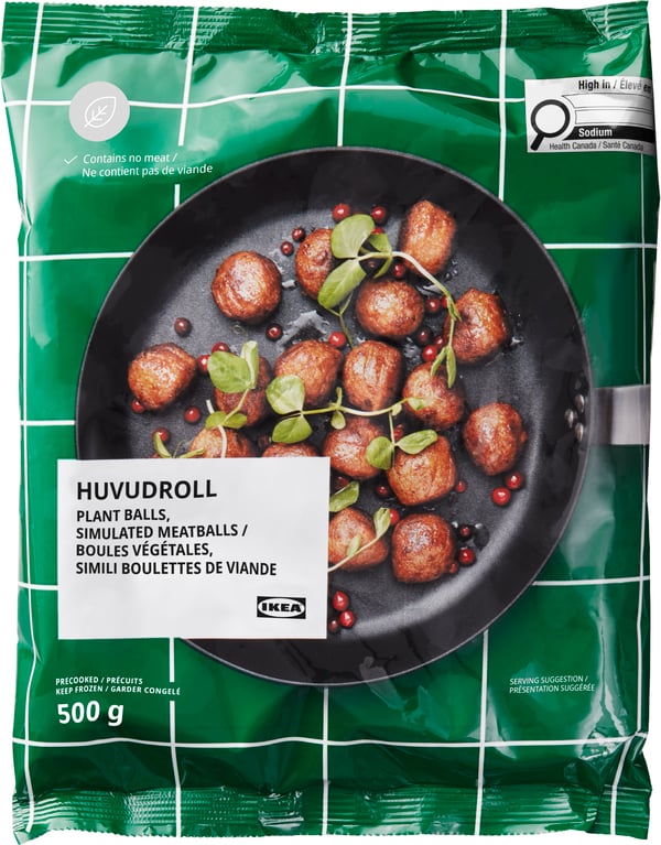 IKEA HUVUDROLL plant balls bag. Vegan, meat-free balls in pan with greens, 500g.