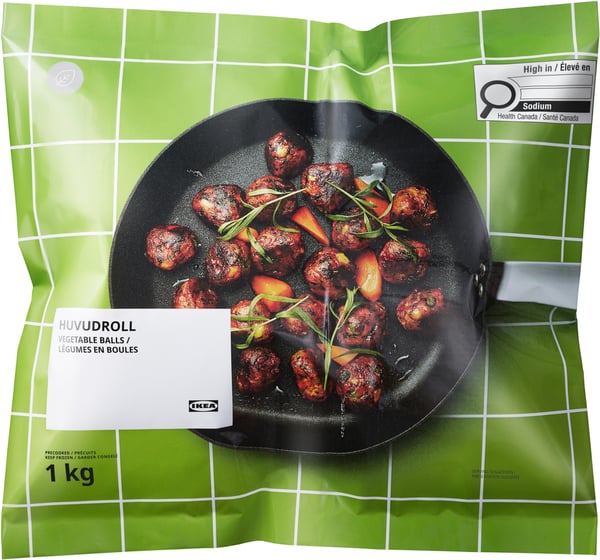 IKEAs HUVUDROLL vegetable balls packaging. Shows cooked vegetable balls in a pan with herbs.