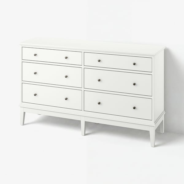 A white IDANÄS dresser with six drawers, each having round knobs, offering a simple and elegant design for storage.