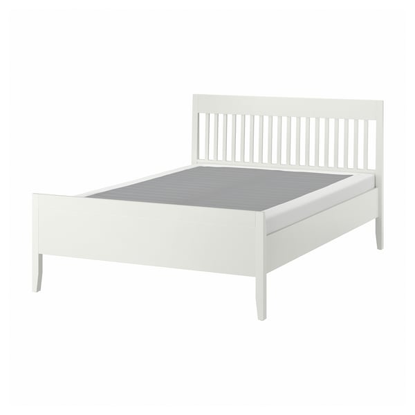 White ikea IDANÄS bed with headboard, clean lines, wooden legs.