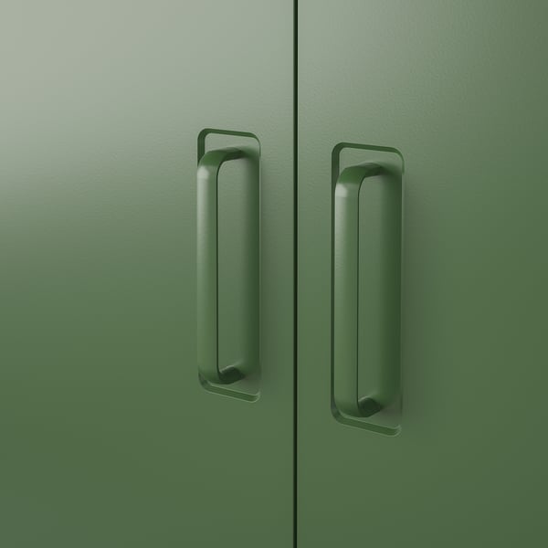 Two modern, olive-green metal cabinet doors with long, rectangular handles, showcasing a sleek and robust design.