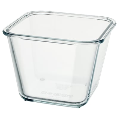 An empty, clear glass food container from IKEA 365+. It is square-shaped with smooth edges and a transparent design.