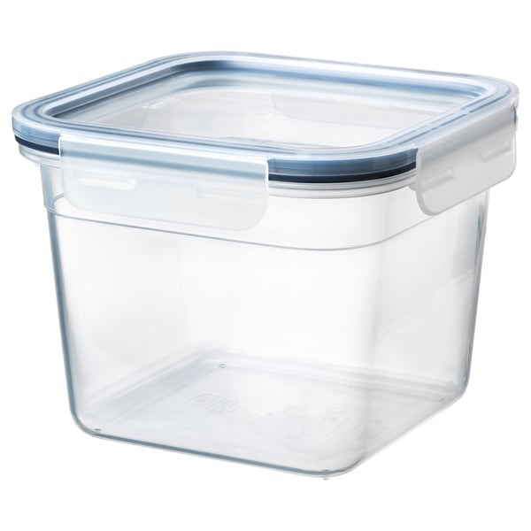 IKEA 365+ clear square food container with blue lid, made of durable plastic, transparent sides, snap-lock lid.