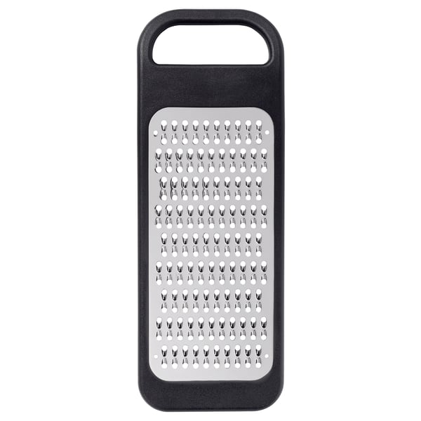 Black IKEA 365+ grater with stainless steel surface and plastic handle, rectangular shape for safe and efficient grating.