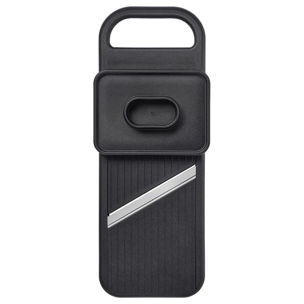 Black IKEA 365+ slicer, rectangular with handle, textured body, diagonal blade, plastic and steel construction.
