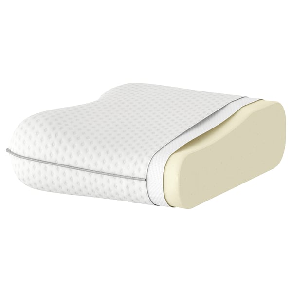 An ergonomic pillow with memory foam core, covered in recycled polyester mesh.